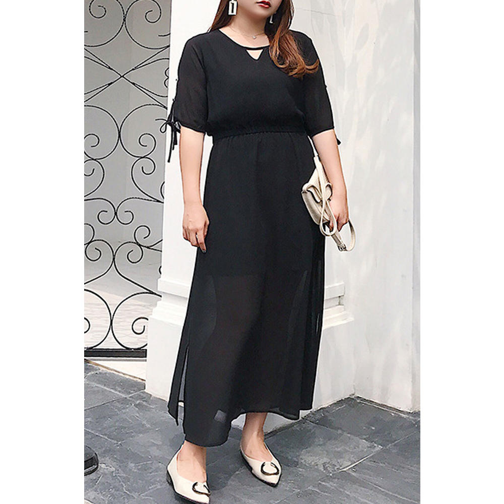 Zumeet Women Plus Cut Out Sleeve Solid Color Thin Chiffon Dress