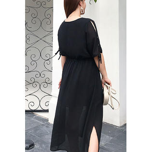 chiffon dress women s slim UNITHORSE Navy Blue Sequin Waist Chiffon Dress Wedding Formal Gowns Prom Bridesmaid Stand Collar Lantern Sleeve A-Line Flared Hem Glamorous,L