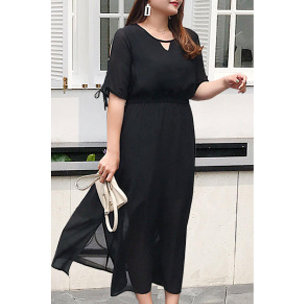 Zumeet Women Plus Cut Out Sleeve Solid Color Thin Chiffon Dress