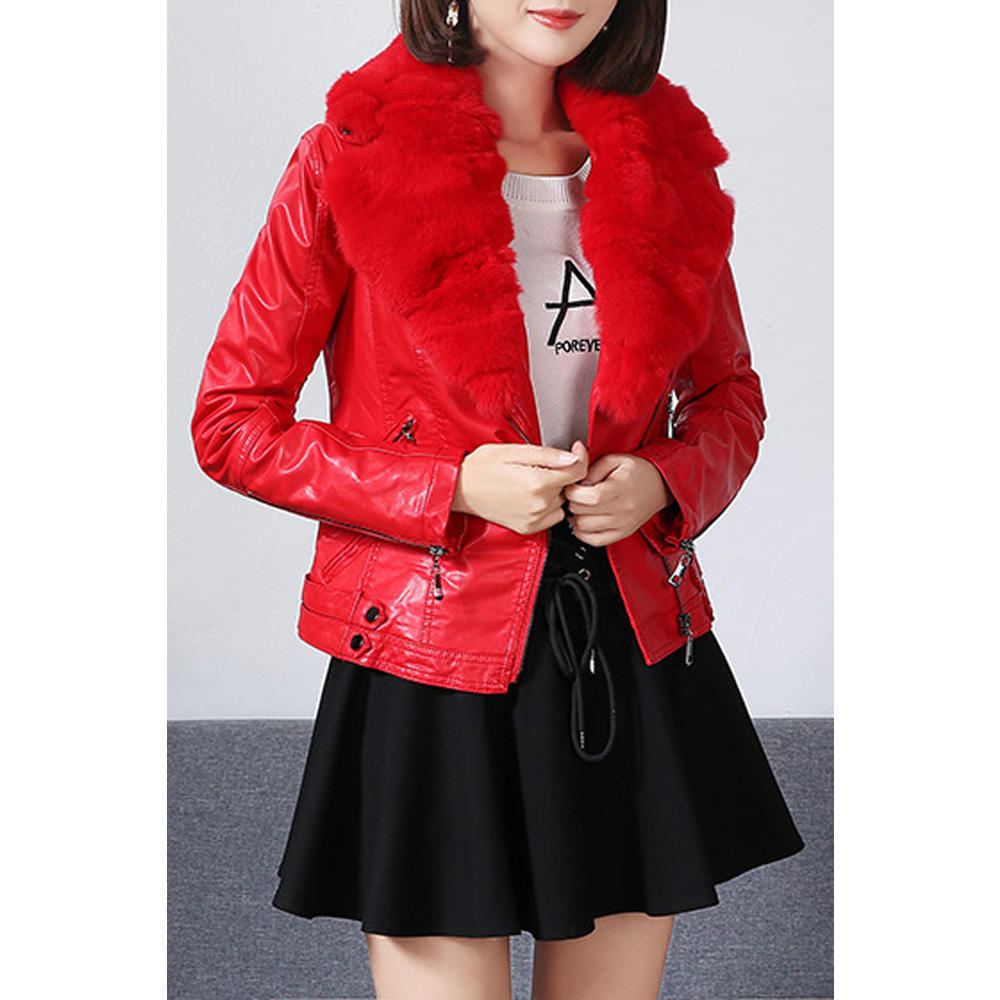 Zumeet Women Big Collar Long Sleeve Regular Fit Trendy Leather Jacket