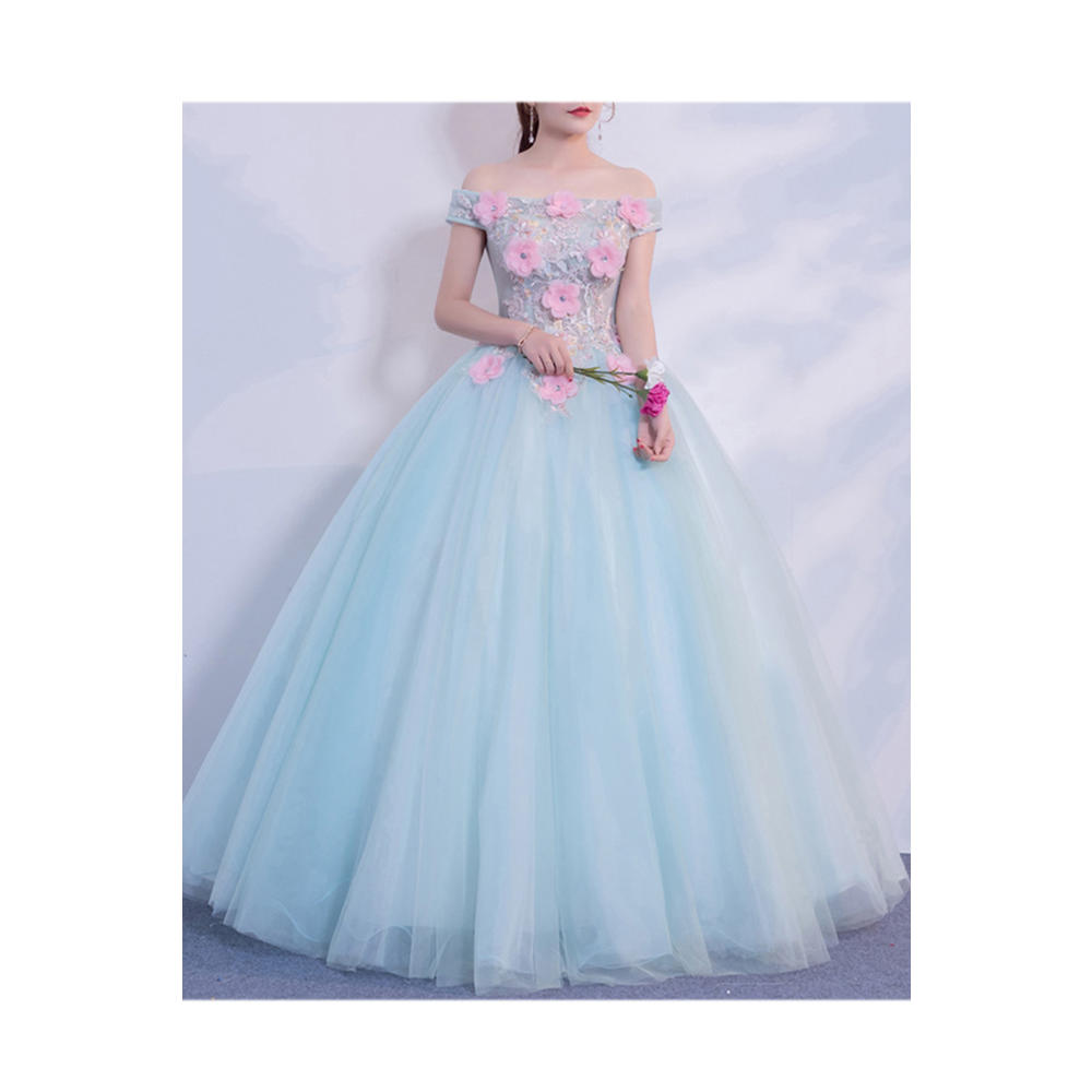 Unomatch Women Comfortable Off-Shoulder Flower Attached Long Thin Skirt Wedding Dress