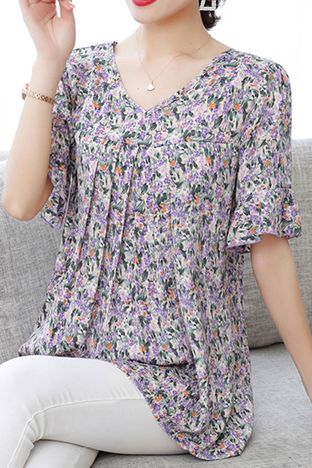 Zumeet Women Floral Short Sleeve Loose Comfortable Summer Shirt