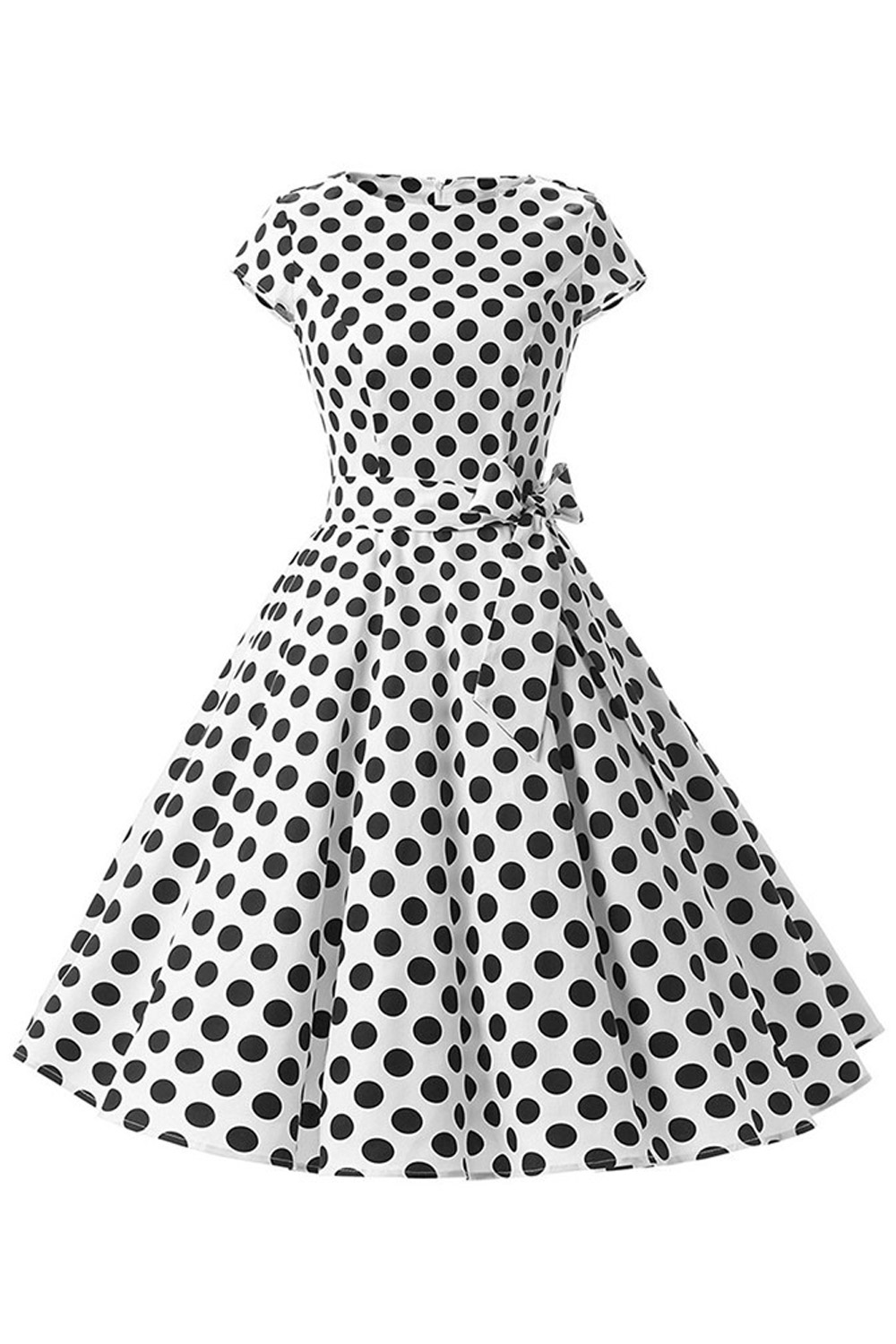 Unomatch Women Trendy Round Neck Printed Pattern Bow Knotted Waist A Line Skirt Dress