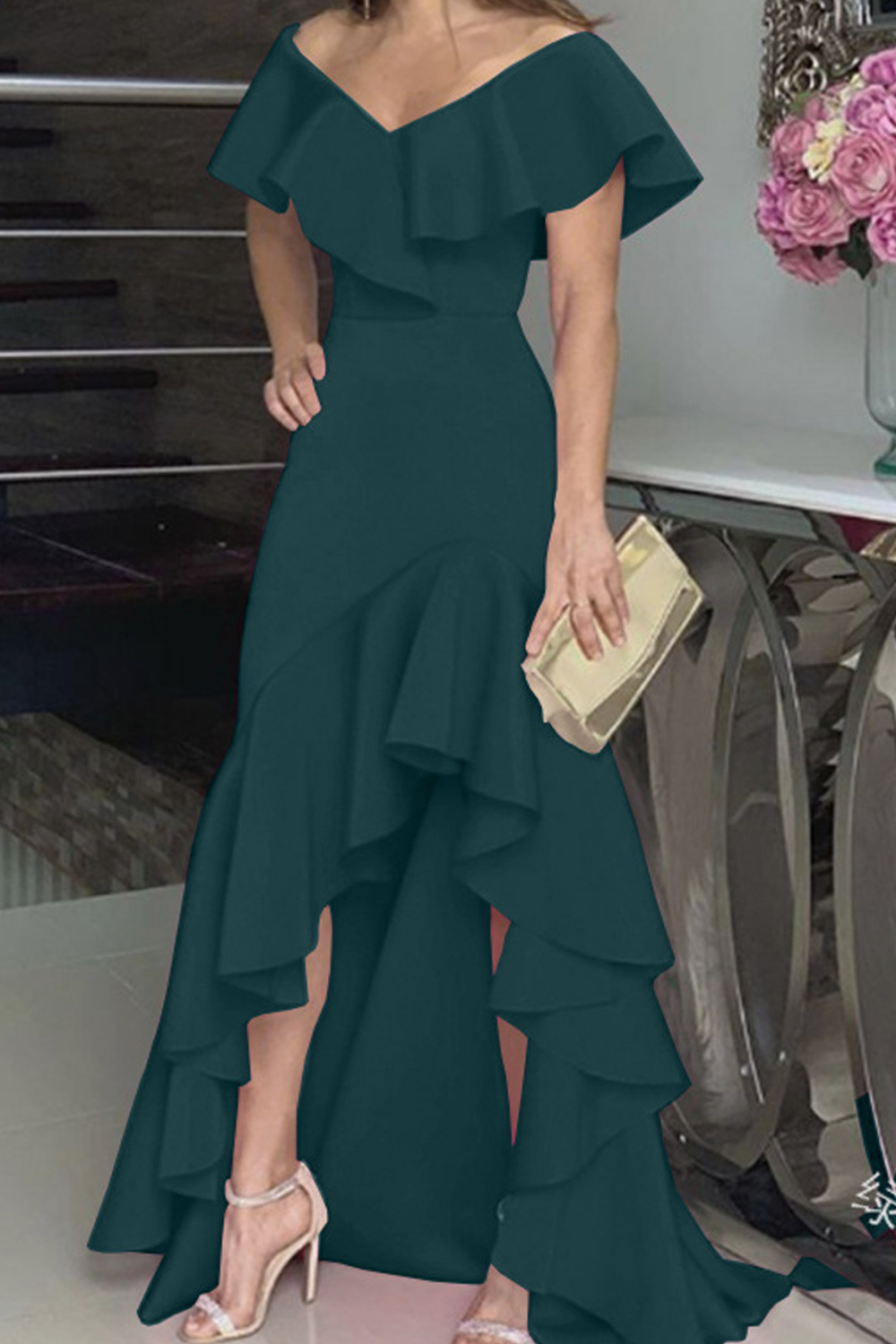 ZaraBeez Women Tremendous Solid Colored Irregular Long Hem V-Neck Fashion Splendid Dress, Green