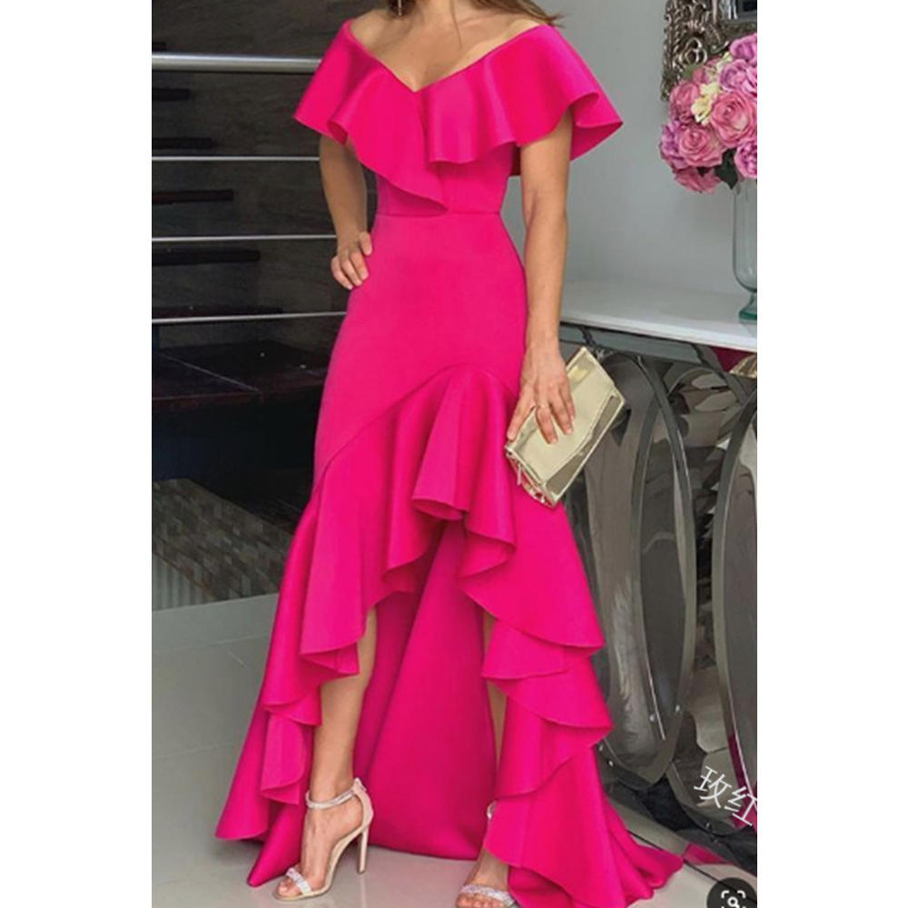 ZaraBeez Women Tremendous Solid Colored Irregular Long Hem V-Neck Fashion Splendid Dress