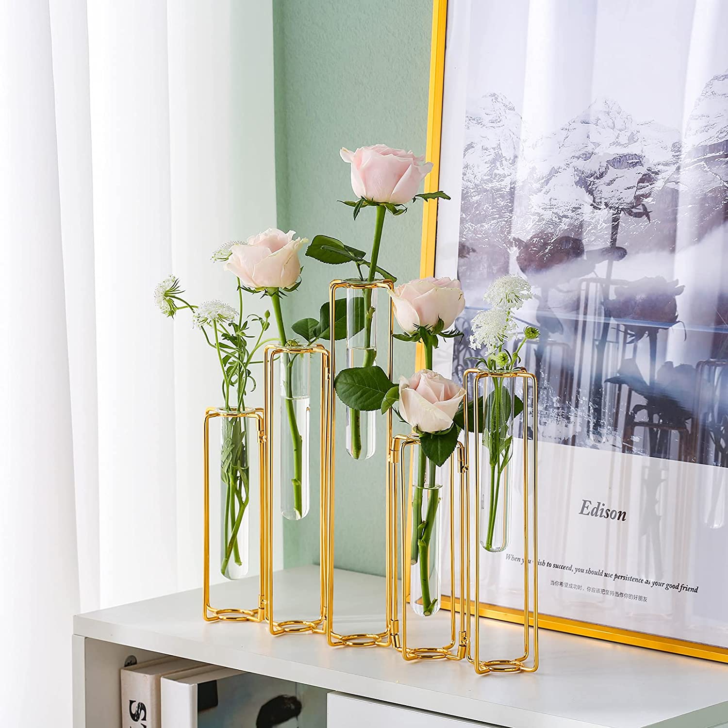 HJN Staggered Vase Desktop Flower Vase，Glass Flower Vases Test Tube with  Gold Metal Stand for Home Décor(5 Glass Tube)