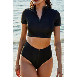 ZaraBeez Women Short Sleeve Slim Fit Zipper Closure High Waist Two Piece Swimwear