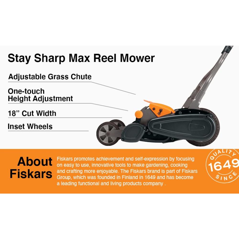 Fiskars Lawn Mowers: StaySharp Max Reel Push Lawn Mower, Eco friendly, 18” Cut Width (362050-1001)