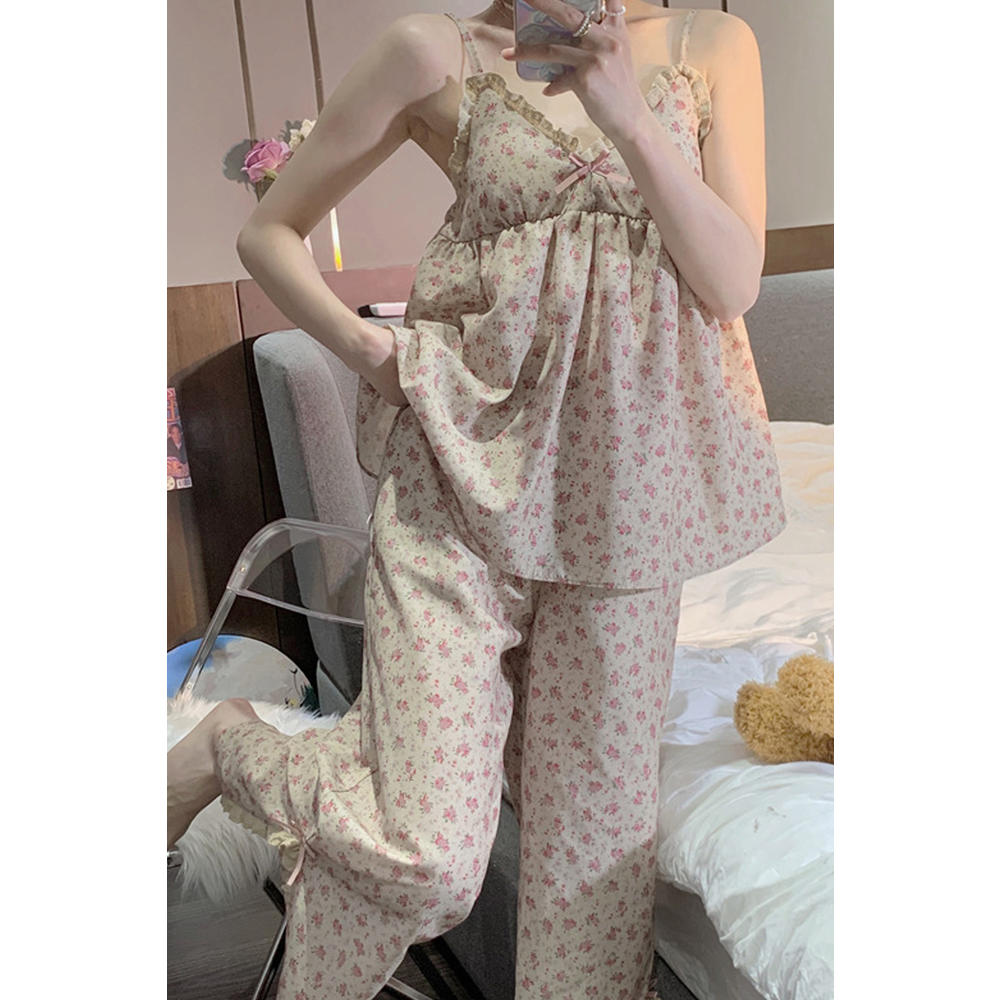 Jhon Peters Women Easy V-Neck Beautiful Floral Pattern Elasticated Bust Two-Piece Summer Sleeping Dress