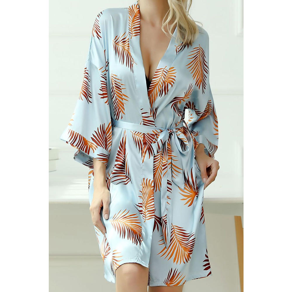 Zumeet Women Magnificent Printed Pattern Relax Short Sleeve Deep V-Neck Robe Waist Summer Night Gown