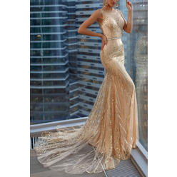 Zumeet Women Amazing Slim Fit Round Neck Sleeveless Sequins Decorated Beautiful Floor Length Wedding Dress