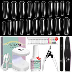 Saviland Nail Tip and Glue Gel Kit - Gel x Nail Kit with 500pcs Clear Fake Coffin Nails Tips, Nail Glue Gel