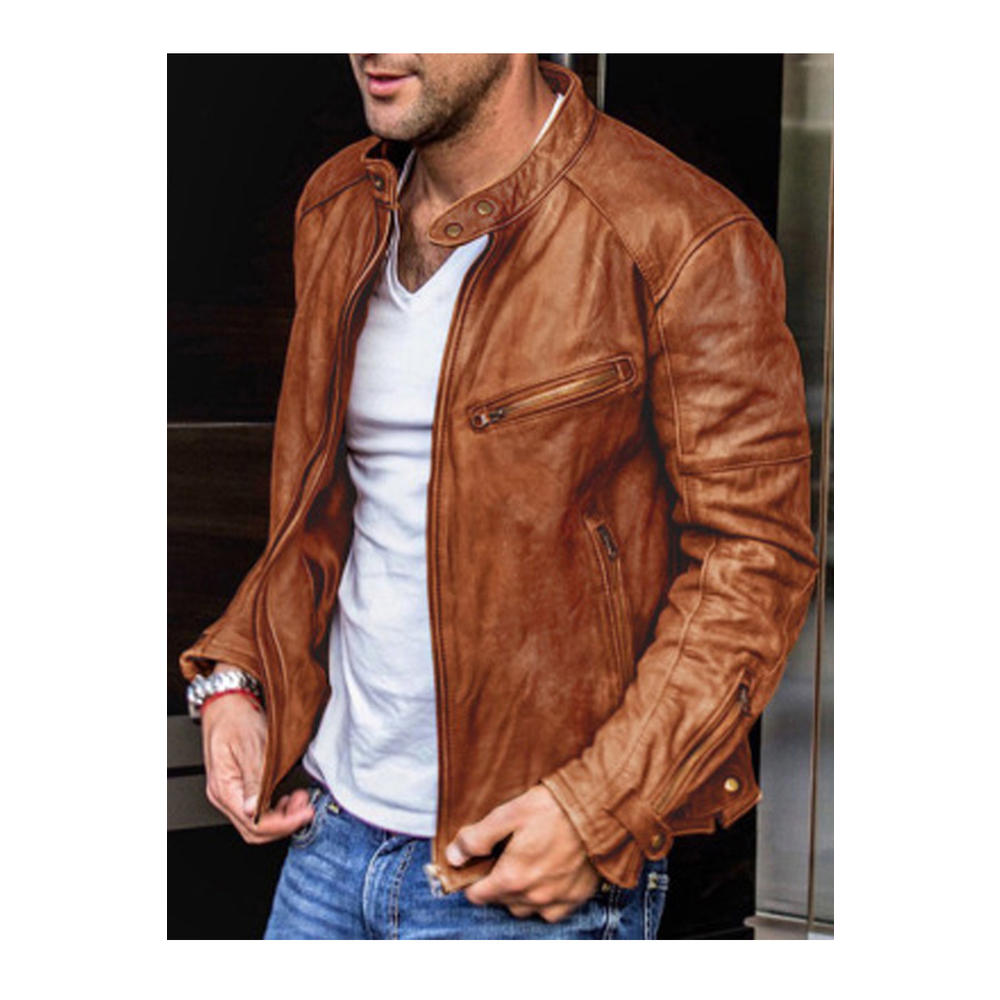 Zumeet Men Stylish Stand Collar Neck Side & Zippered Pocket Superb Leather Jacket