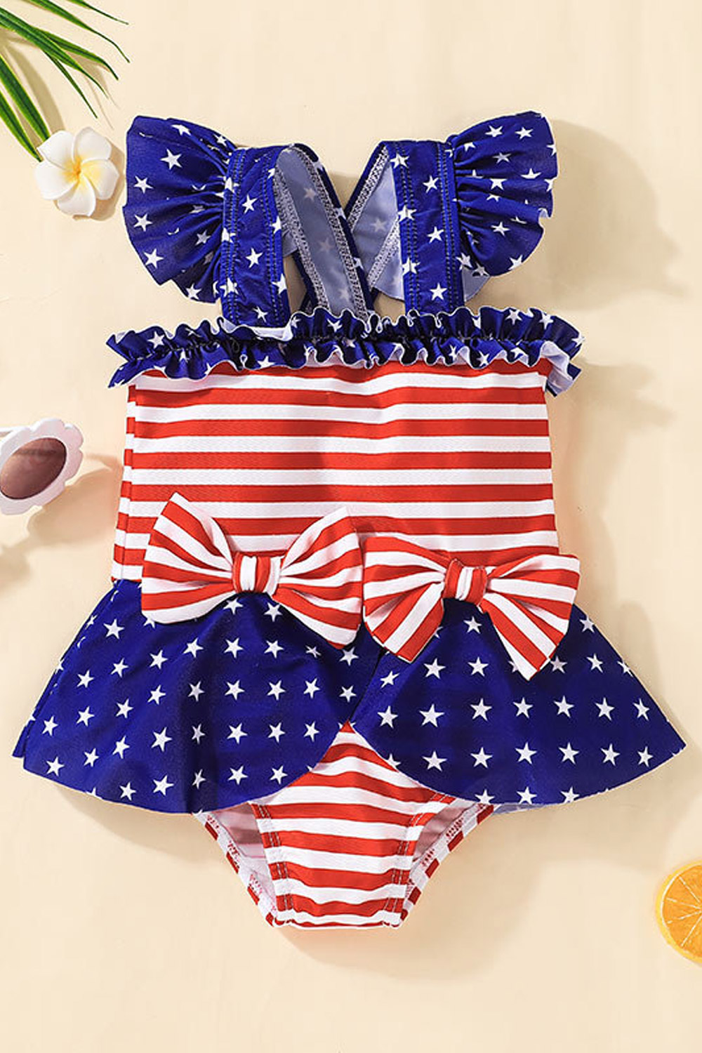 Zumeet Baby Girls Fashion Stripe Star Print Bow Romper Jumpsuit Headdress Suit