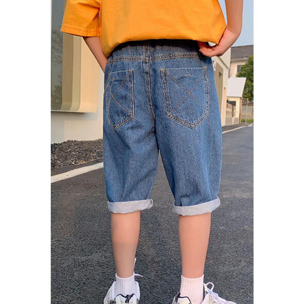 Zumeet Kids Boys New Fashion Waistband Half-Assed Elastic Belt Solid Color Summer Thin Section Casual Five-Points Cropped Pants Trendy