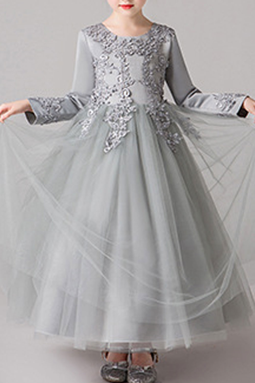 Zumeet Kids Girls Round Neck Flower Lace Wedding Dress