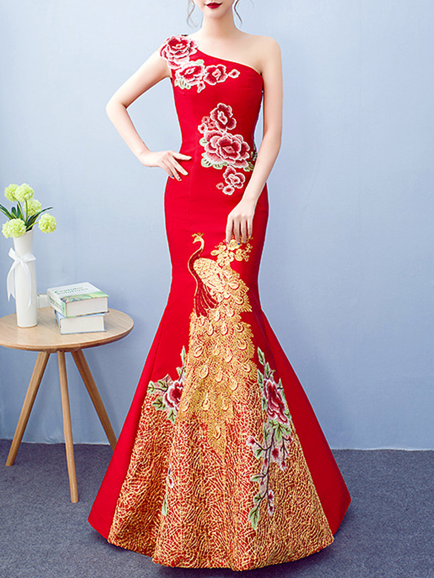 one shoulder embroidered dress