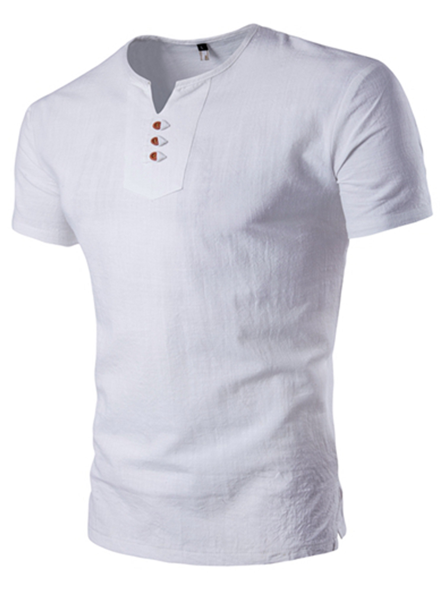 Coolred-Men Short Sleeve Cotton Linen Stand Collar Solid Color Silm Fit Tees 