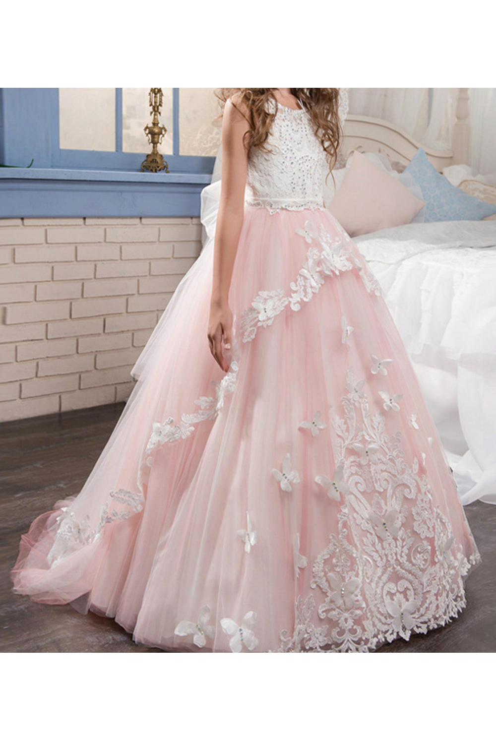 KettyMore Kid Girl Elegant Flower Lace Long Sleeve Wedding Dress