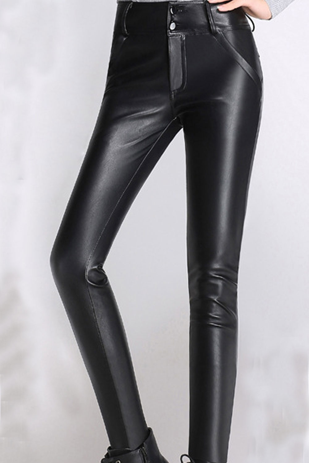 Zumeet Women Button Attached Belt Loops PU Legging