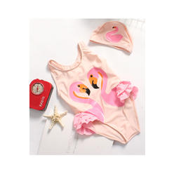 ZaraBeez Baby Girls Round Neck Swan Printed Ruffled One Piece Swimwear