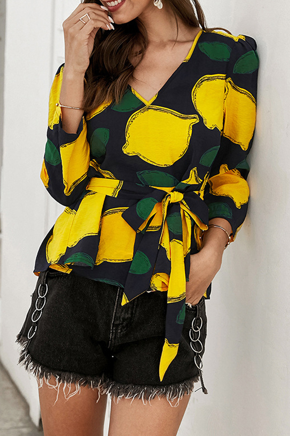 Zumeet Women V-Neck Style Lemon Printed 
