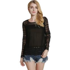 Jhon Peters Women Lace Decorated Long Sleeves and Hem Blouse Black