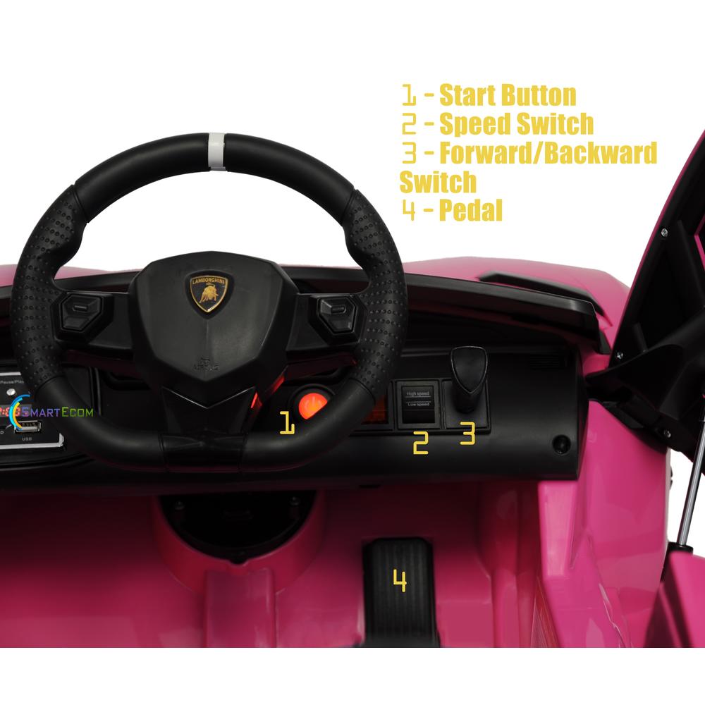 Lamborghini 12V Powered Lamborghini Aventador Ride on Car for ONE KID for Girls with Remote Control, LED Lights, Leather Seat, MP3, - Pink