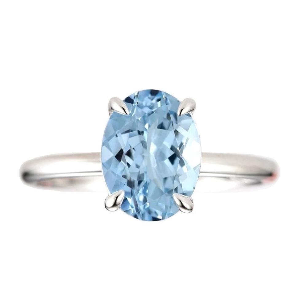 Prima Collection 14K White Gold-Plated 5.50 CTW Aqua Blue Crystal Large Oval Shape Topaz  Cubic Zirconia Solitaire Halo Ring Gift