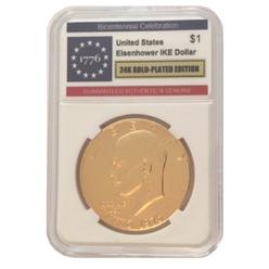 World Coins 24K GOLD-PLATED Bicentennial 1776-1976 Eisenhower IKE Dollar Commemorative Coin w/Display Case & COA