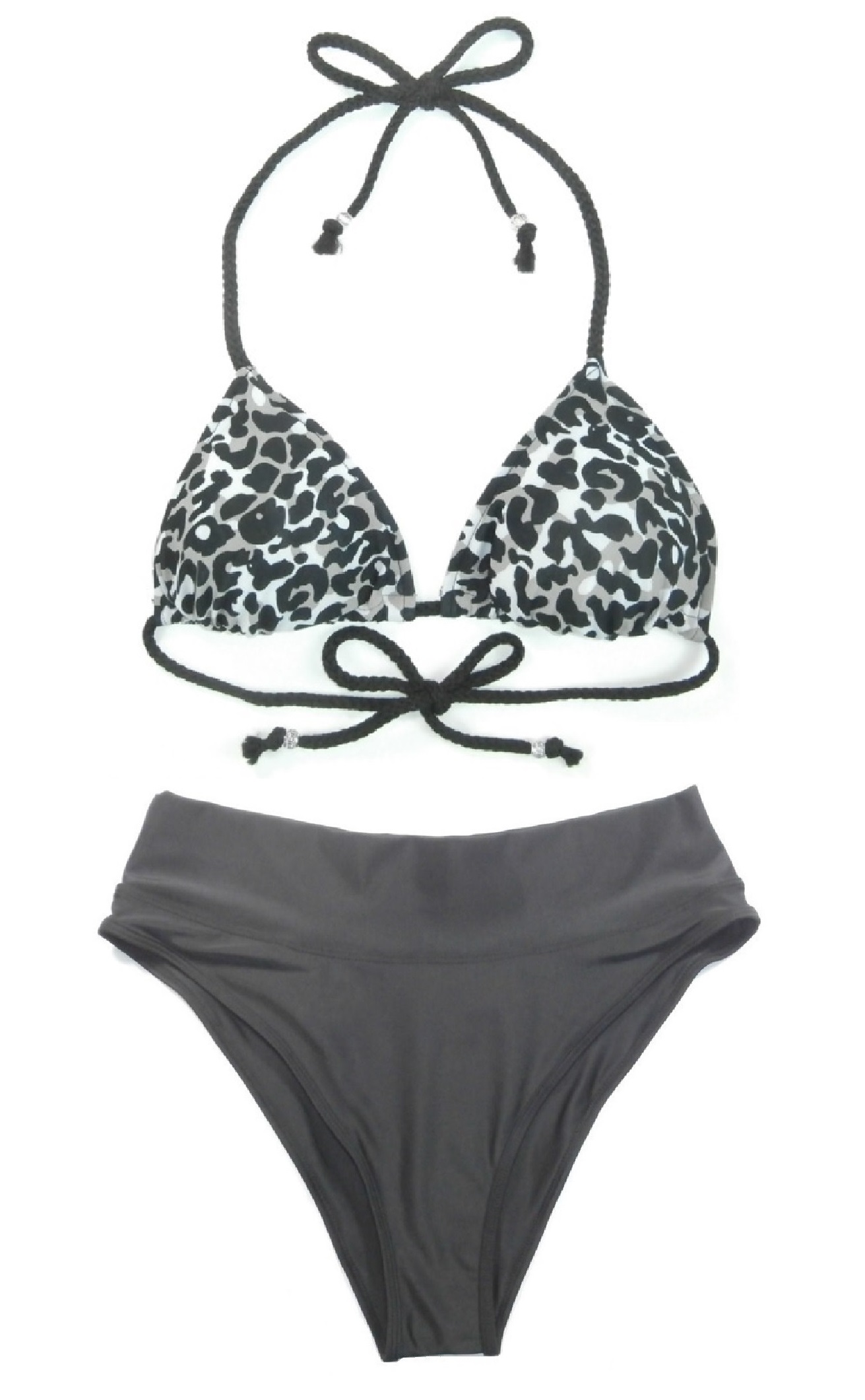triangle bikini top with high waisted bottoms