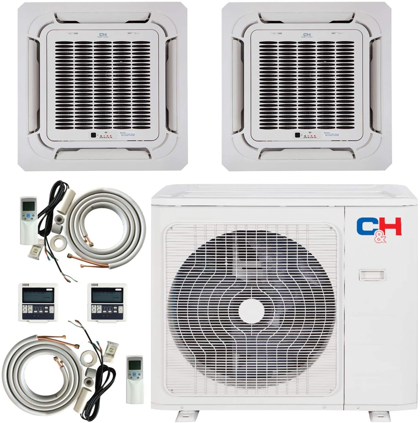 CH-12/24MSPHCT-230VI-CH36MSPH230VO Cooperu0026Hunter Dual 2 Zone 12000 24000  Ductless Mini Split Ceiling Cassette Air Conditioner Heat Pump with 25FT  Installation Kit