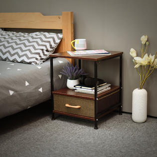 Qwork Square End Table With Storage Shelf 3 Tier Side Table Nightsand Stand Desk For Bed Sofa Couch Orginal Oak
