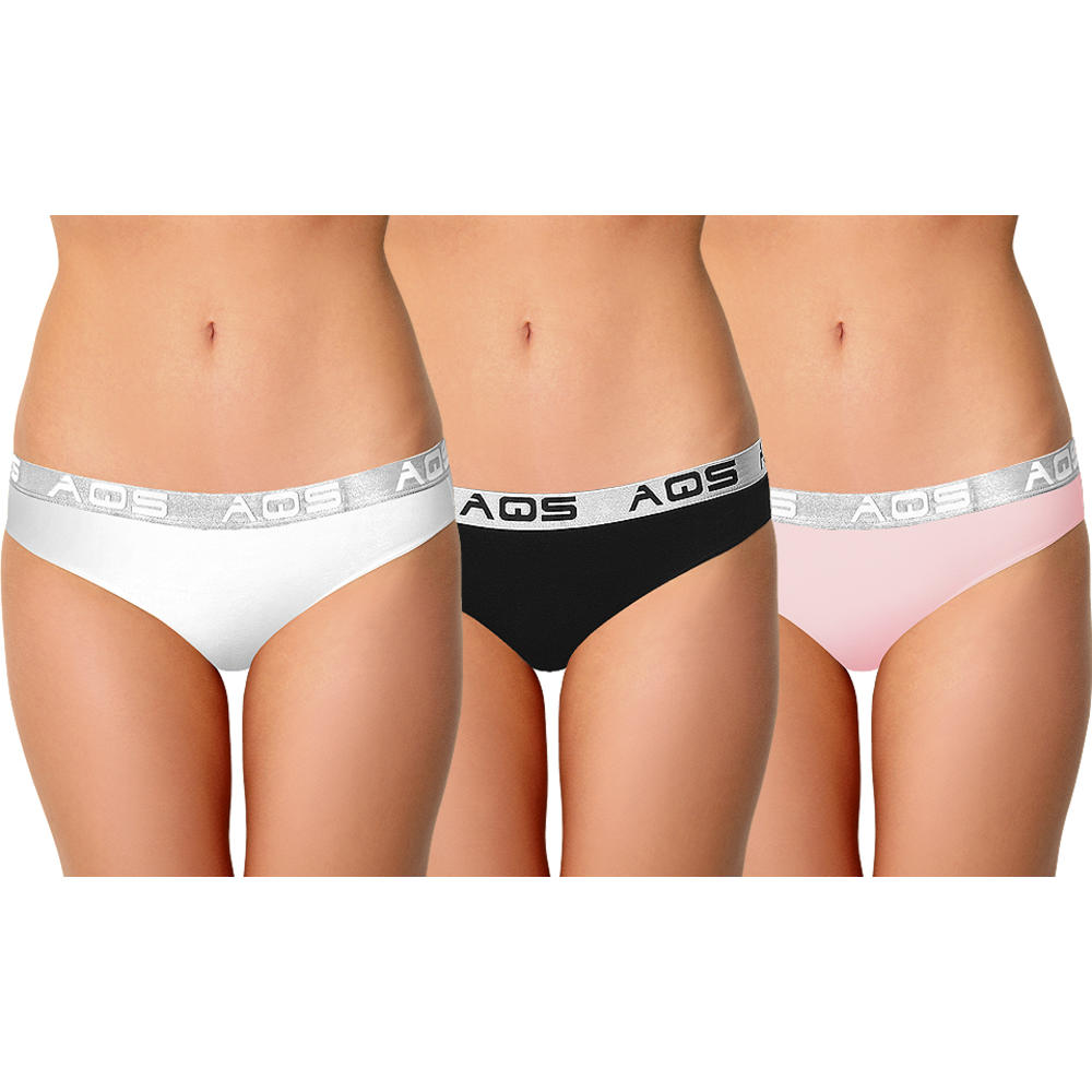 AQS Ladies Cotton Panties with Elastic Waistband- 3 Pack – White/Pink/Black