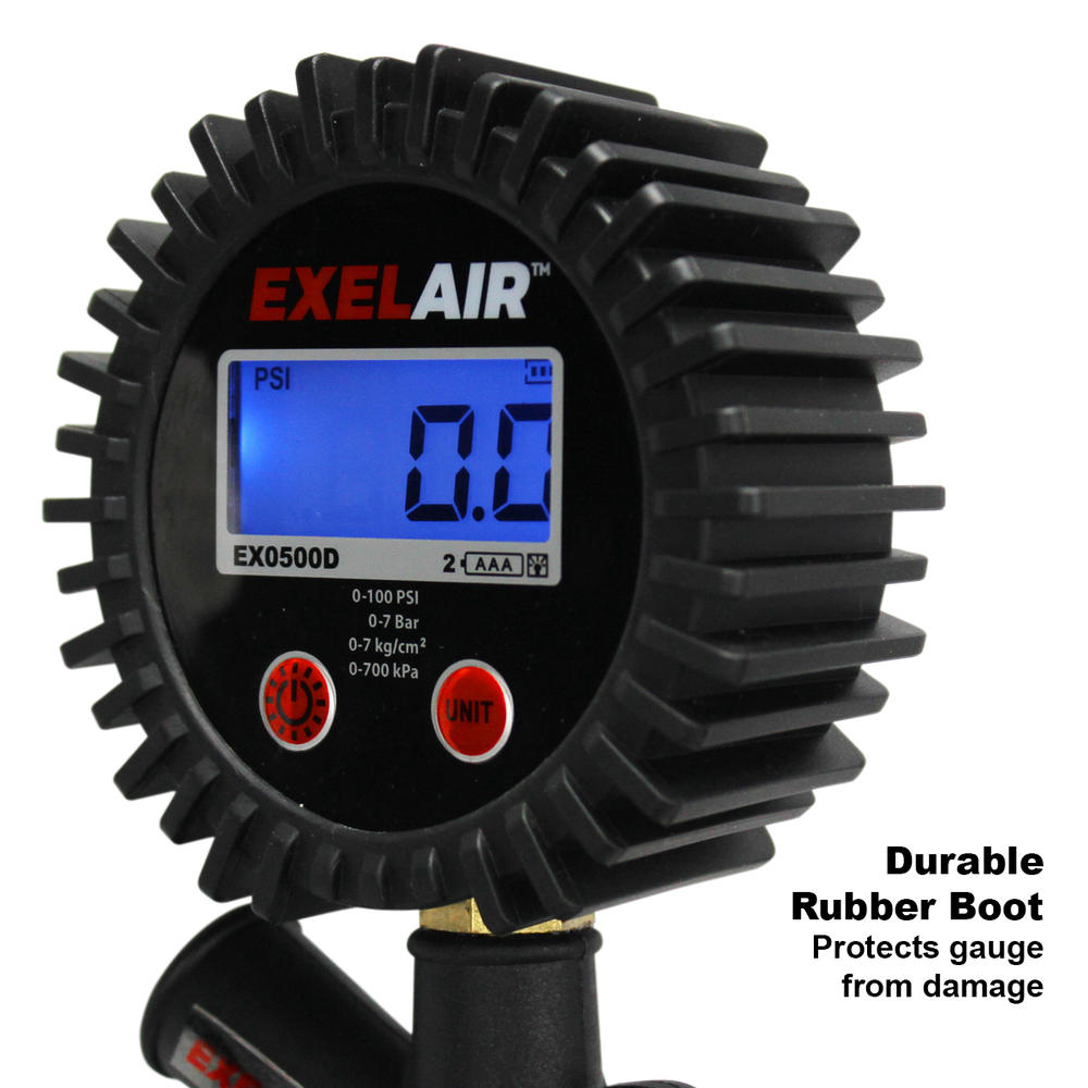 EXELAIR™ (EX0500D) Digital Pistol Grip Tire Inflator/Deflator Gauge - 16" Air Hose and Easy-Clip Chuck - 100 PSI