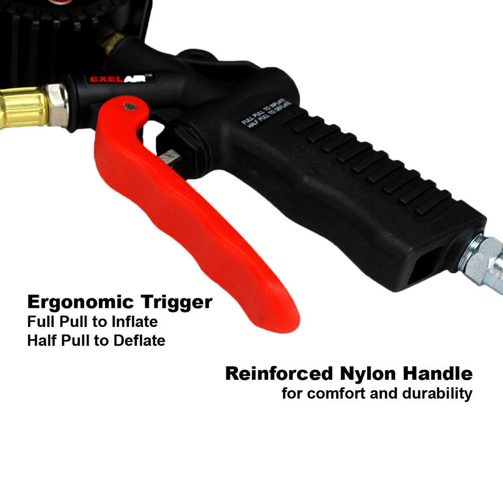 EXELAIR™ (EX0500D) Digital Pistol Grip Tire Inflator/Deflator Gauge - 16" Air Hose and Easy-Clip Chuck - 100 PSI