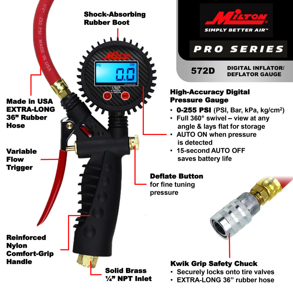 Milton Industries Milton 572D Pro Digital Pistol Grip Inflator Gauge - 36" Hose and Kwik Grip Safety Chuck - 255 PSI