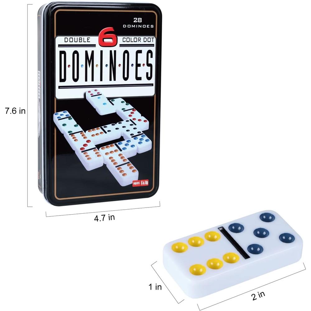 Maggshop Double Six Dominoes, 28 Tile Colored Dots Domino Game Set with Tin Box, Classic Family Board Games for 2-4 Players(Ages 6 & up)