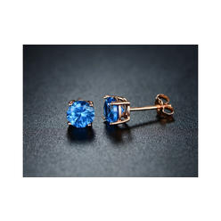Bonjour Jewelers Round-cut London Blue Topaz Stud Earrings in 18K Rose Gold ptd Silver