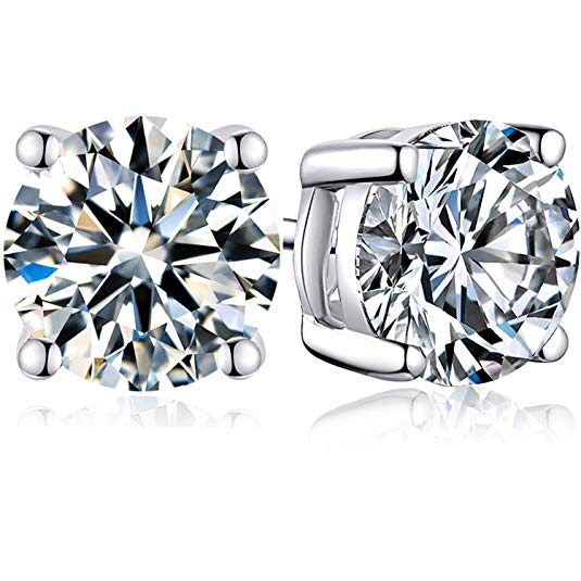 Bonjour Jewelers Cubic Zirconia Stud Earrings,Platinum Plated Sterling Silver CZ Stud Earrings For Women Men Gril