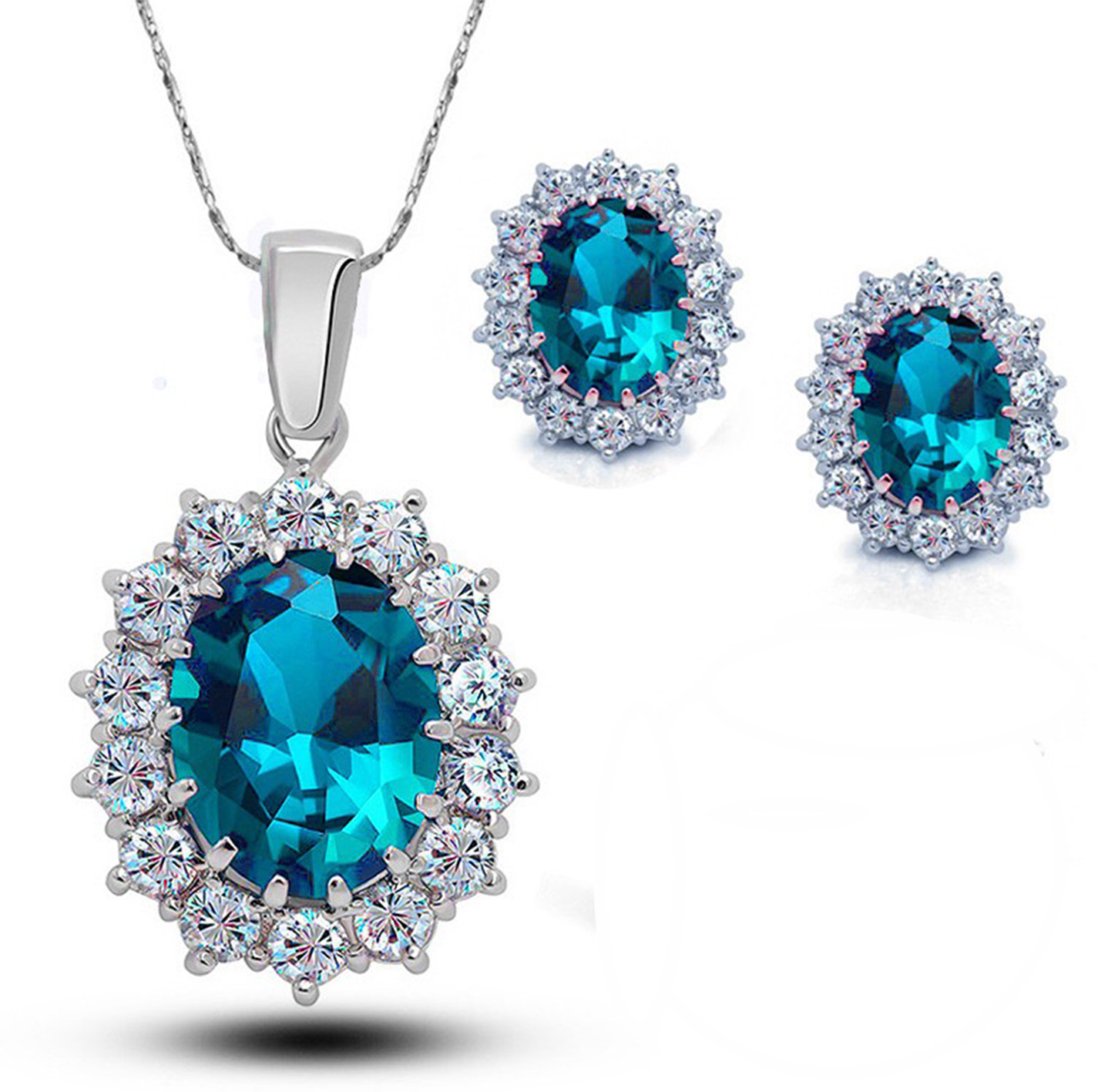 Bonjour Jewelers 4 Cttw Oval Shape Aquamarine 18 Inch Necklace And Earrings Set In 18k Gold Plated