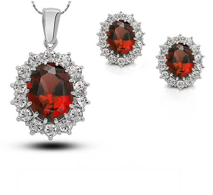 Bonjour Jewelers 2 Cttw Oval Shape Garnet 18 Inch Necklace And Earrings Set In 14k Gold