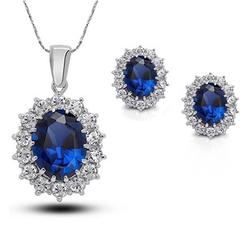 Bonjour Jewelers 4 Cttw Oval Shape Blue Sapphire 18 Inch Necklace And Earrings Set In 14k Gold Plated