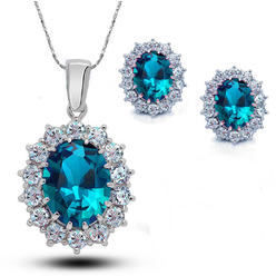 Bonjour Jewelers 1 Cttw Oval Shape Aquamarine 18 Inch Necklace And Earrings Set In 18k Gold Plated