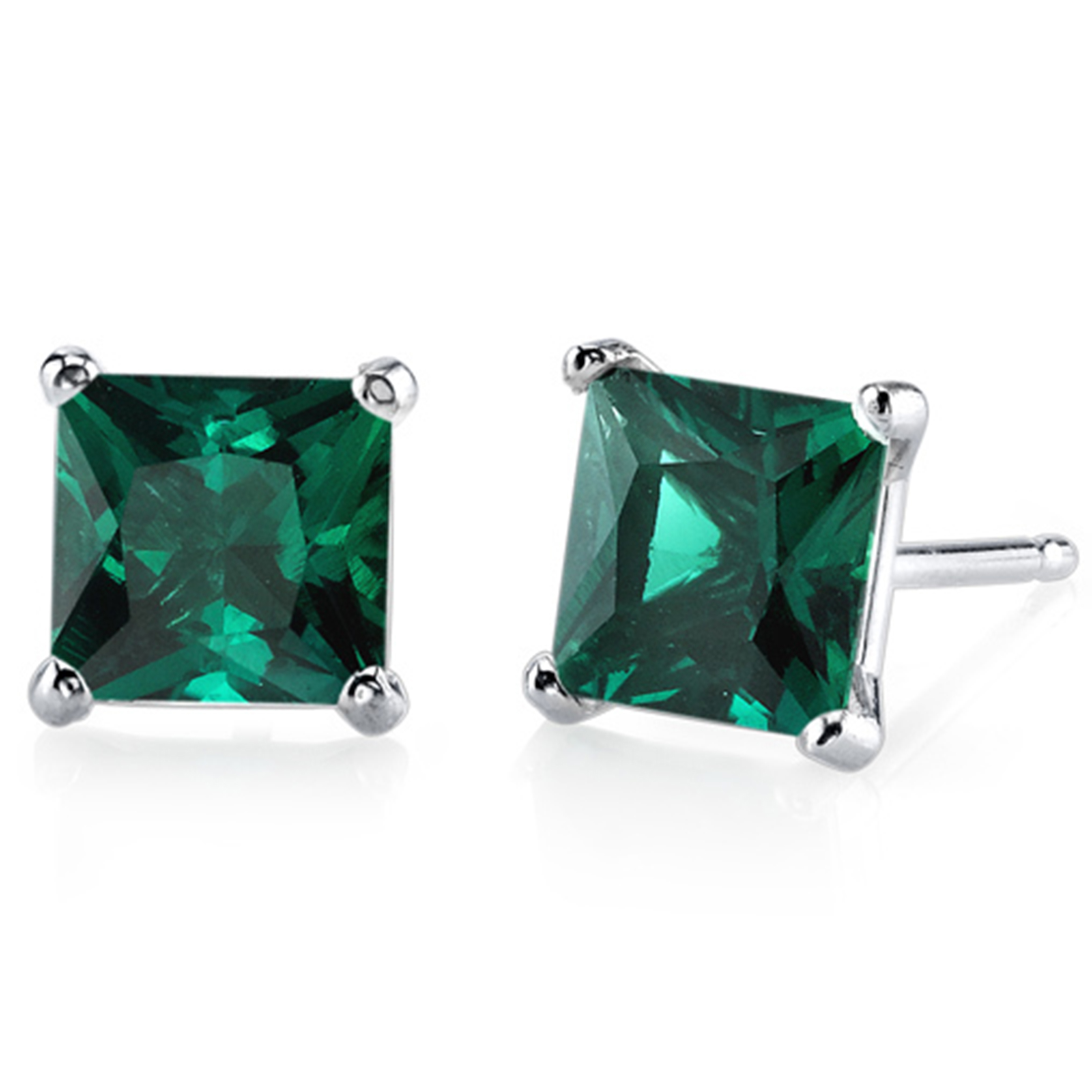 Bonjour Jewelers 14k White Gold Over Sterling Silver  2 Ct Princess Emerald Stud Earrings .