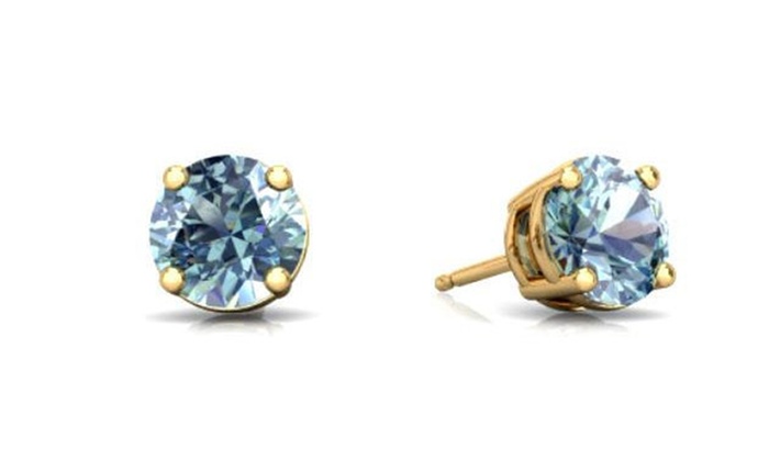 Bonjour Jewelers 14Kt Yellow Gold Natural Aquamarine 5mm Round Stud Earrings