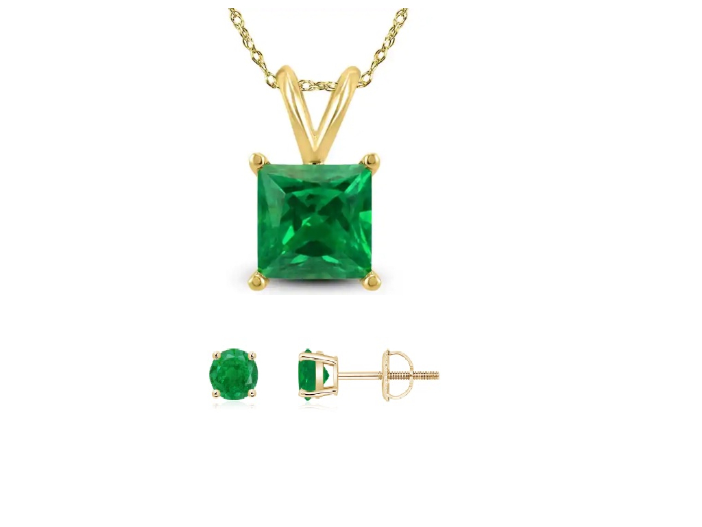BJ Jewelry 18K Yellow Gold 2ct Emerald Square 18 Inch Necklace and Round Earrings Set Plated