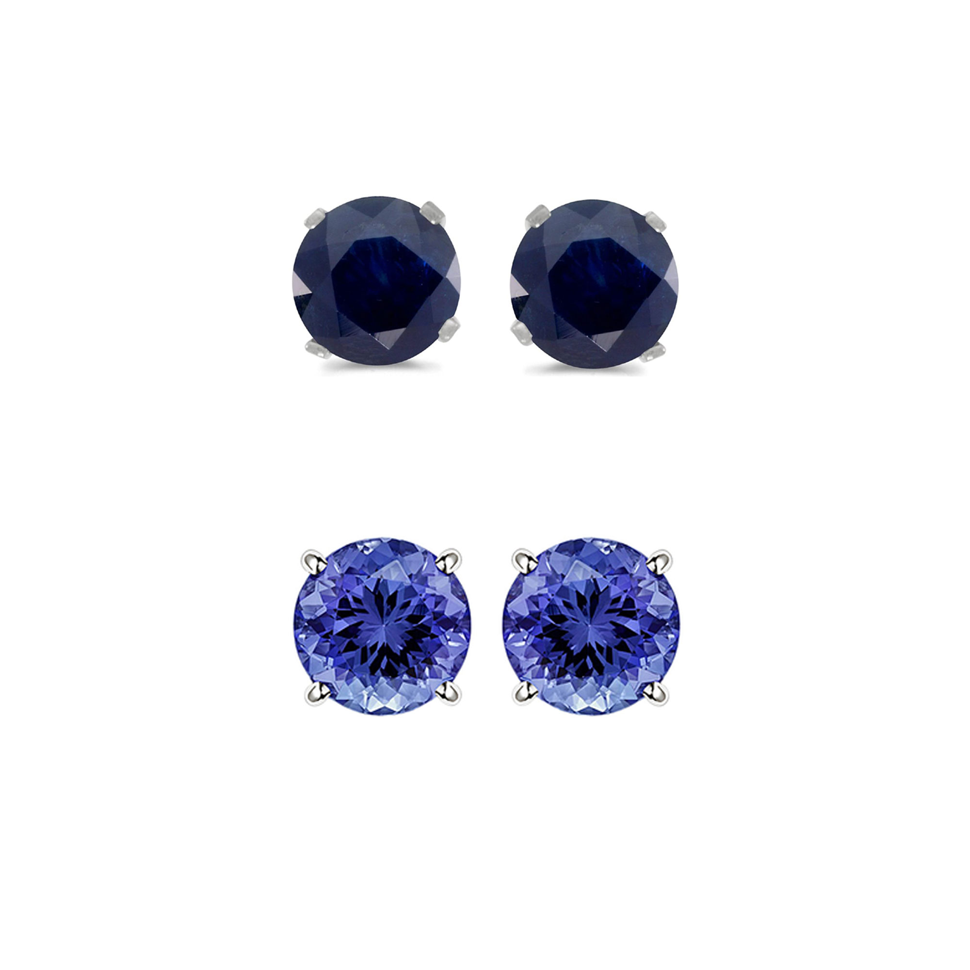 BJ Jewelry 14k White Gold Plated 2Ct Created Black Sapphire and Tanzanite 2 Pair Round Stud Earrings