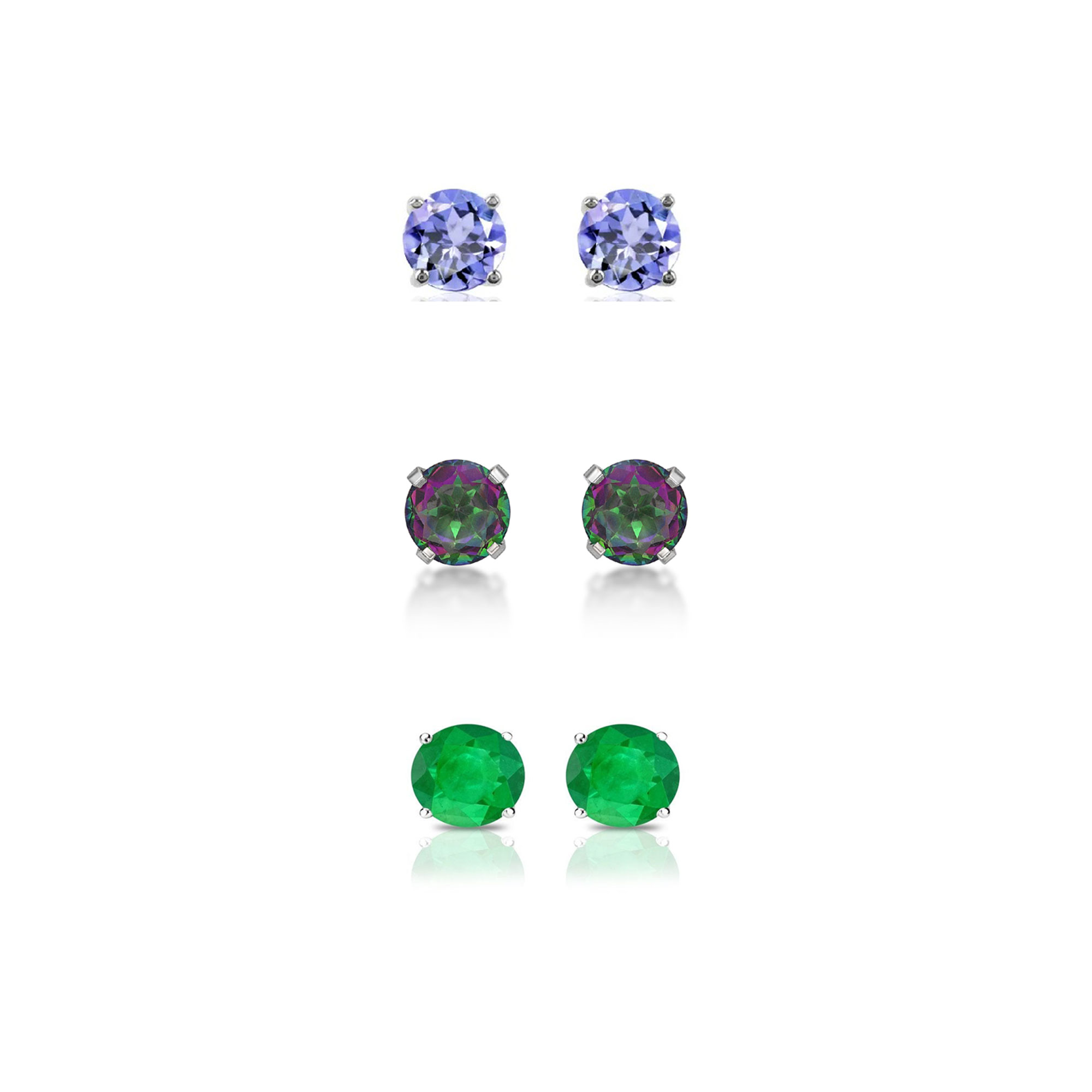 BJ Jewelry 18k White Gold Plated 1/2Ct Created Tanzanite, Mystic Topaz and Emerald 3 Pair Round Stud Earrings
