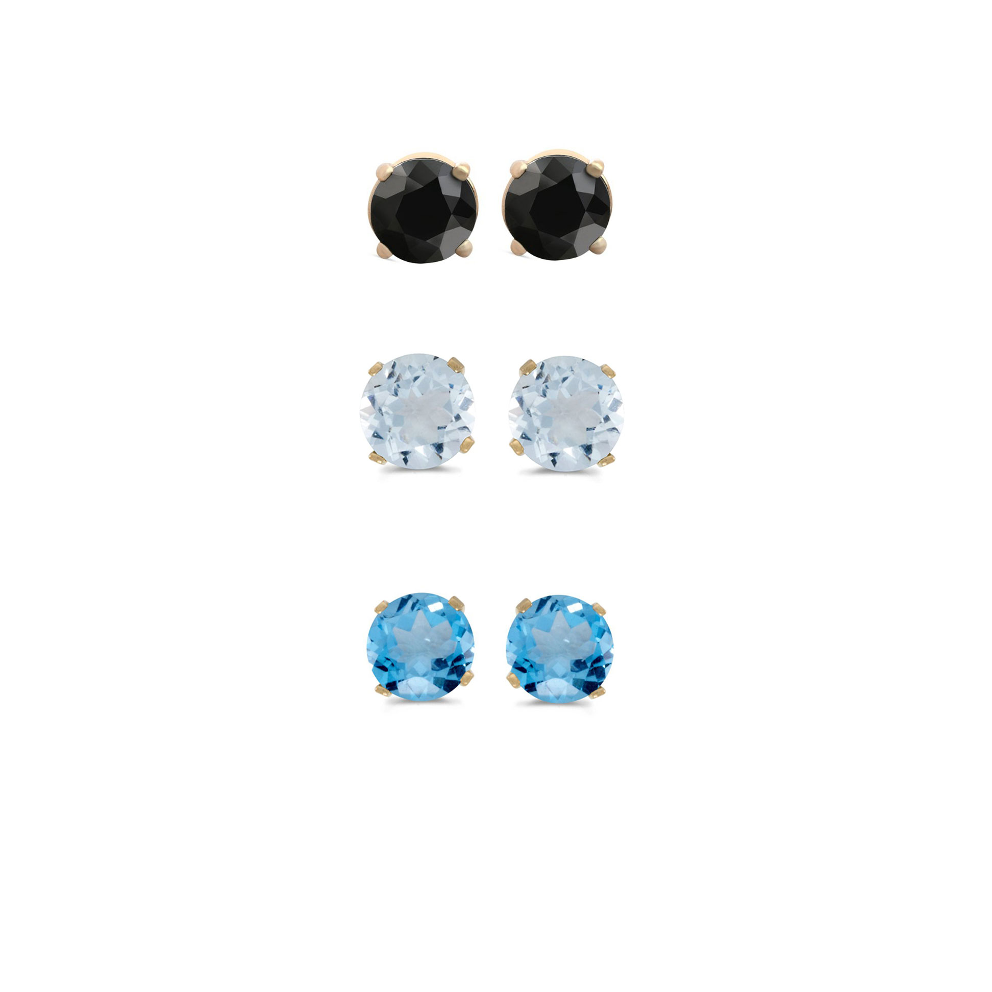 BJ Jewelry 24k Yellow Gold Plated 3Ct Created Black Sapphire, Aquamarine and Blue Topaz 3 Pair Round Stud Earrings